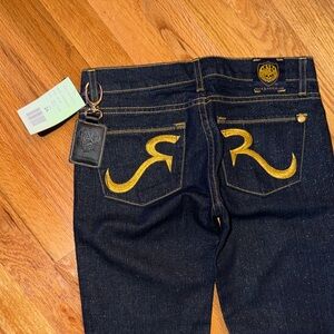 Rock & Republic Womens DarkBlue Jeans Gold Stitching Sz 24, lowrise, straightleg